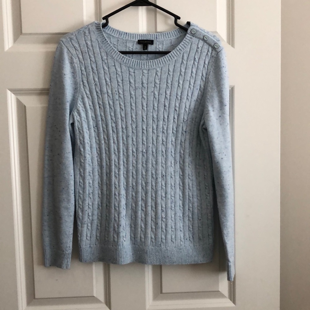 Talbots cable sweater, light blue with buttons on shoulder.